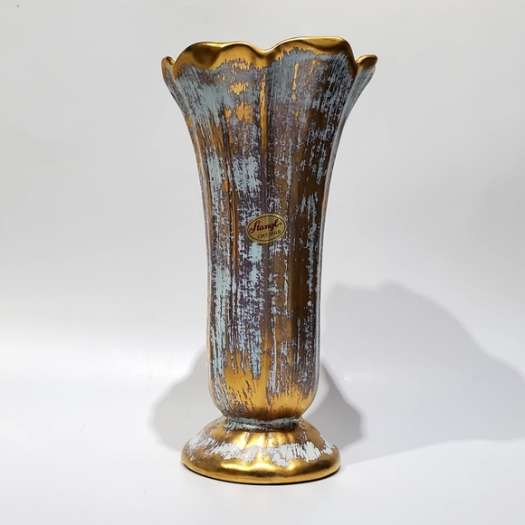 1957 Stangl #3154 Antique Gold, 7.5" 22KT Gold Turquoise Blue Green Flared Vase - Picture 9 of 11